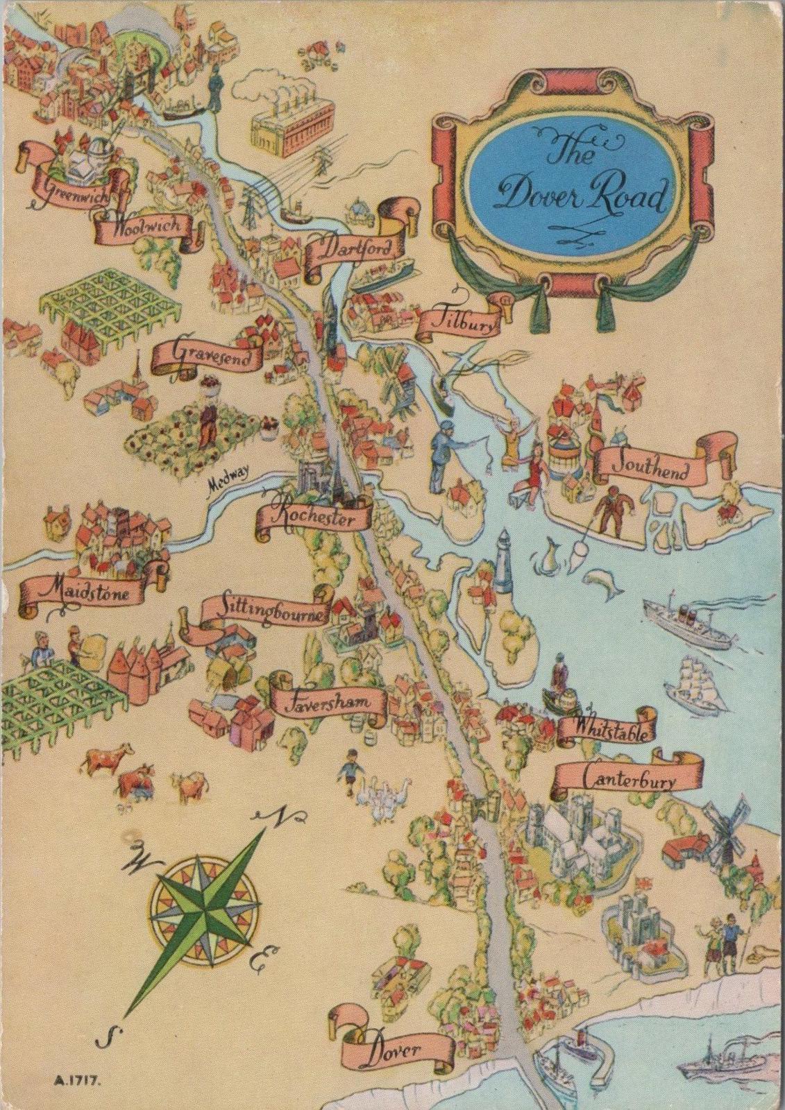Map Postcard - Map Showing The Dover Road, Kent  RR23630