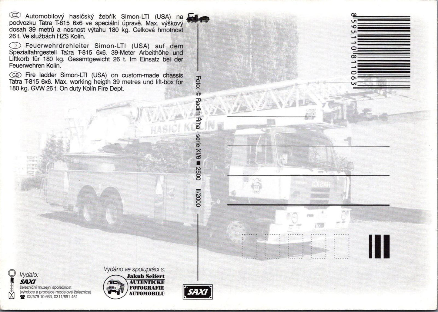 Road Transport Postcard -Tatra 815 6x6 Fire Truck, Kolín, Czech Republic RR23708