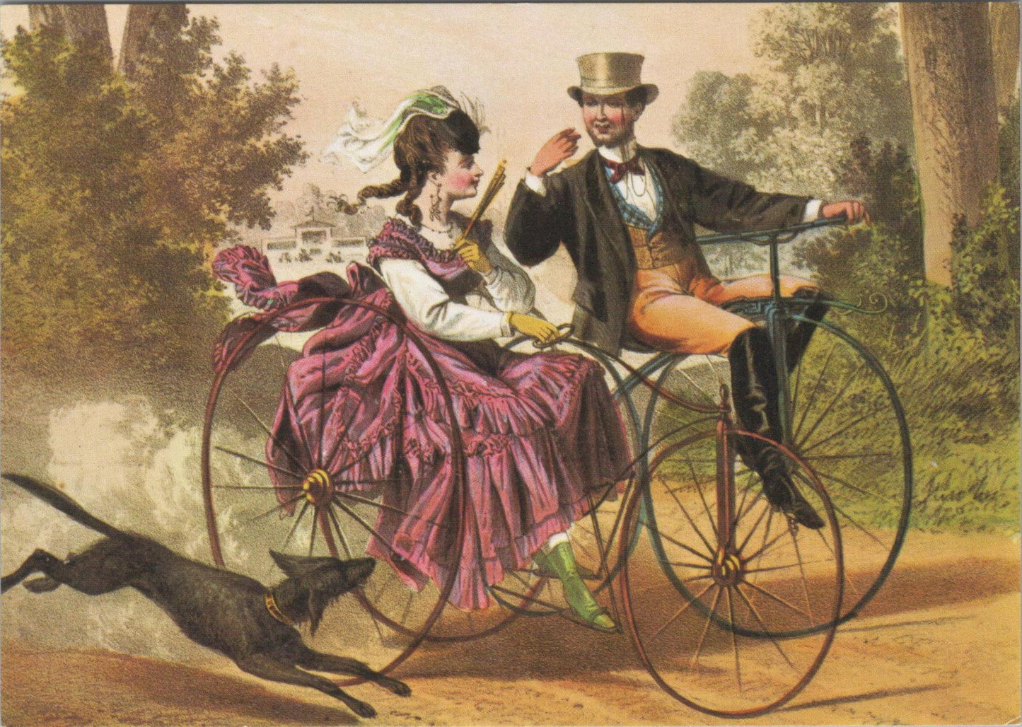 Transport Art Postcard - Velocipedes, Couple Riding Through a Park RR23715