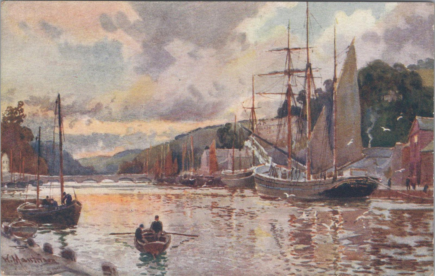 Cornwall Postcard - Looe, The Harbour and Bridge, Artist View  XT240