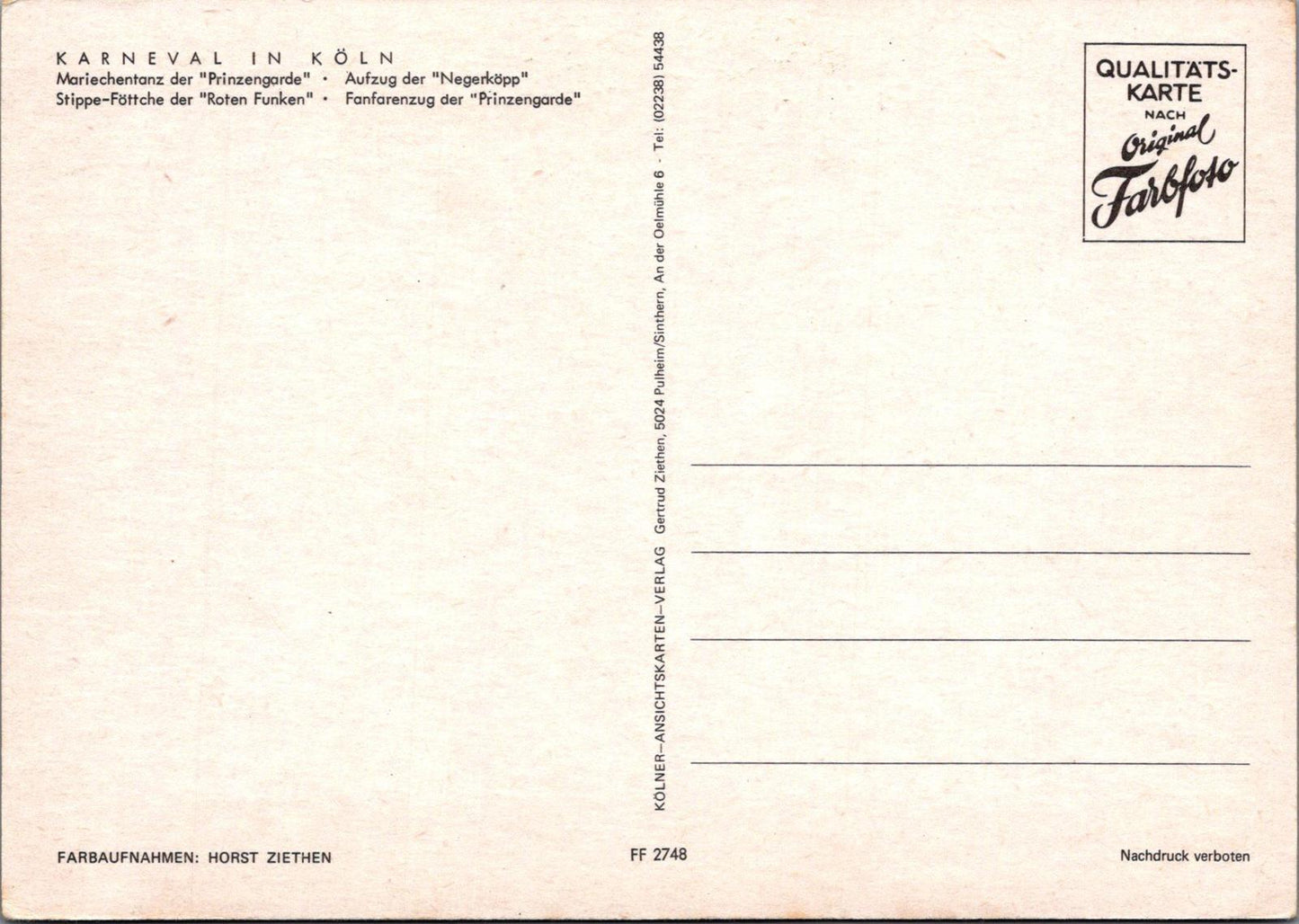 Germany Postcard: - Cologne, Karneval in Köln. Theatre, c1970s XT1582