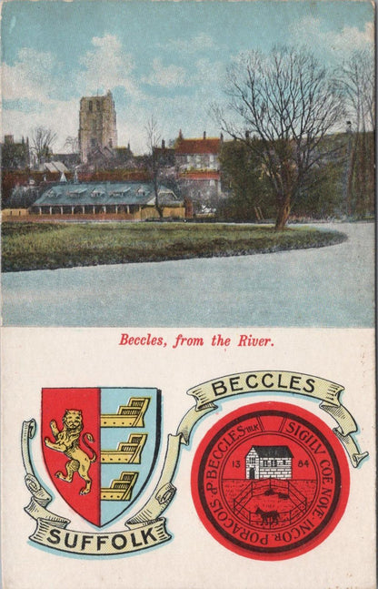 Suffolk Postcard: Beccles From River, Heraldic Arms & Town Seal XT1690