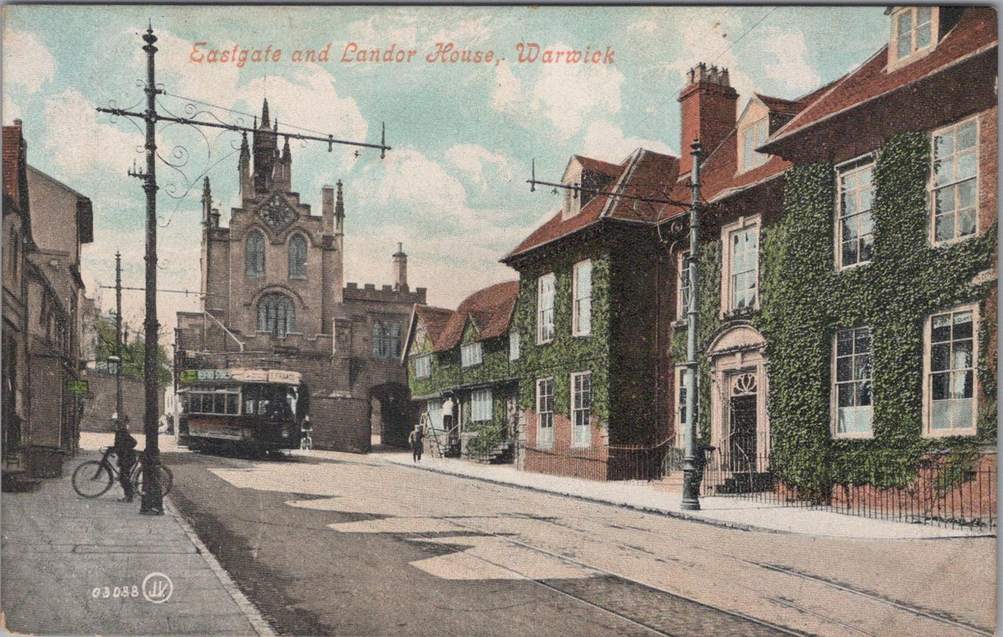 Warwickshire Postcard: Eastgate and Landor House, Warwick, Tram View XT1733