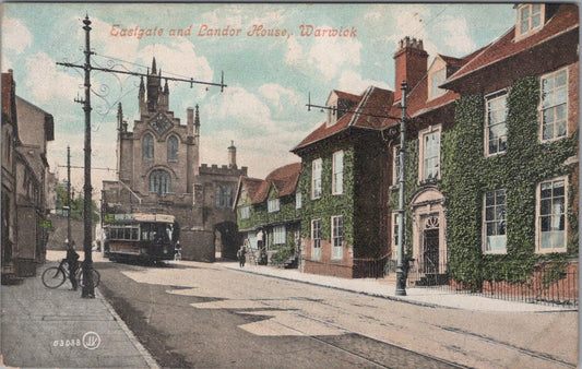 Warwickshire Postcard: Eastgate and Landor House, Warwick, Tram View XT1733