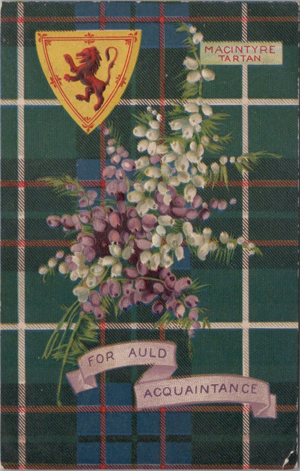 Embossed Scotland Postcard: MacIntyre Tartan - Shield & White Heather XT1737