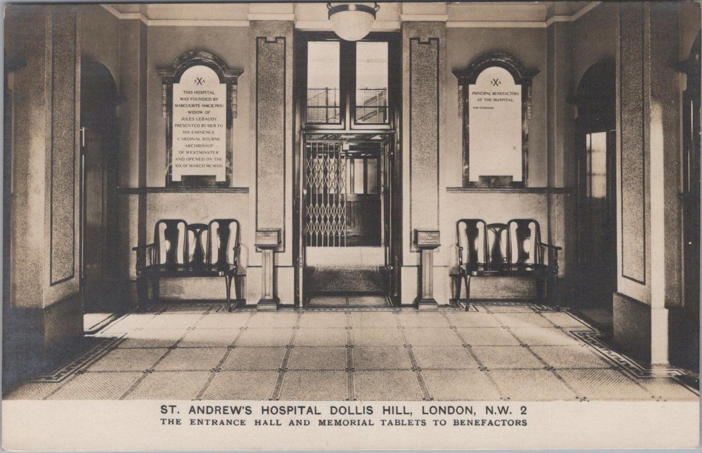 London Postcard:St. Andrew's Hospital, Dollis Hill - Entrance Hall. 1930s XT1743