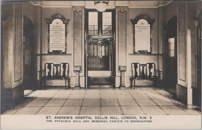 London Postcard:St. Andrew's Hospital, Dollis Hill - Entrance Hall. 1930s XT1743