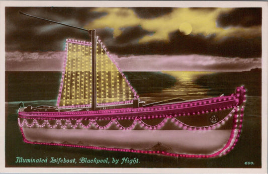 Lancashire postcard: Illuminated Lifeboat, Blackpool, by Night, 1920s XT1794