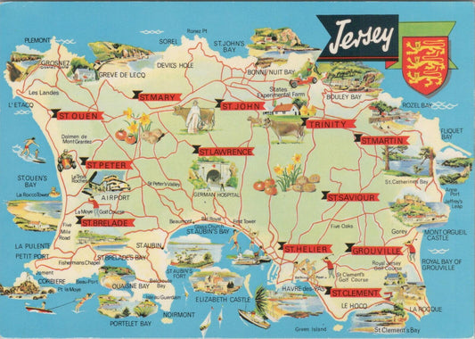 Jersey Postcard: Illustrated Map with Parish Crests and Major Landmarks XT1904