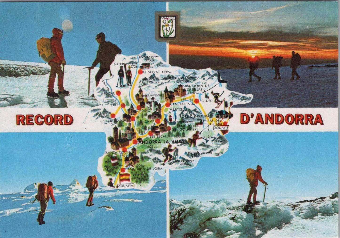 Andorra Map Postcard: Valls D'Andorra Multi-view Skiing Pyrenees Hiking XT2469