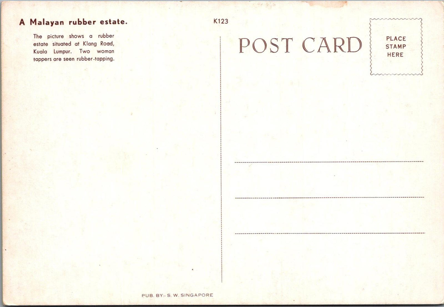 Malaysia Postcard - A Malayan Rubber Estate, Klang Road, Kuala Lumpur  RR23315