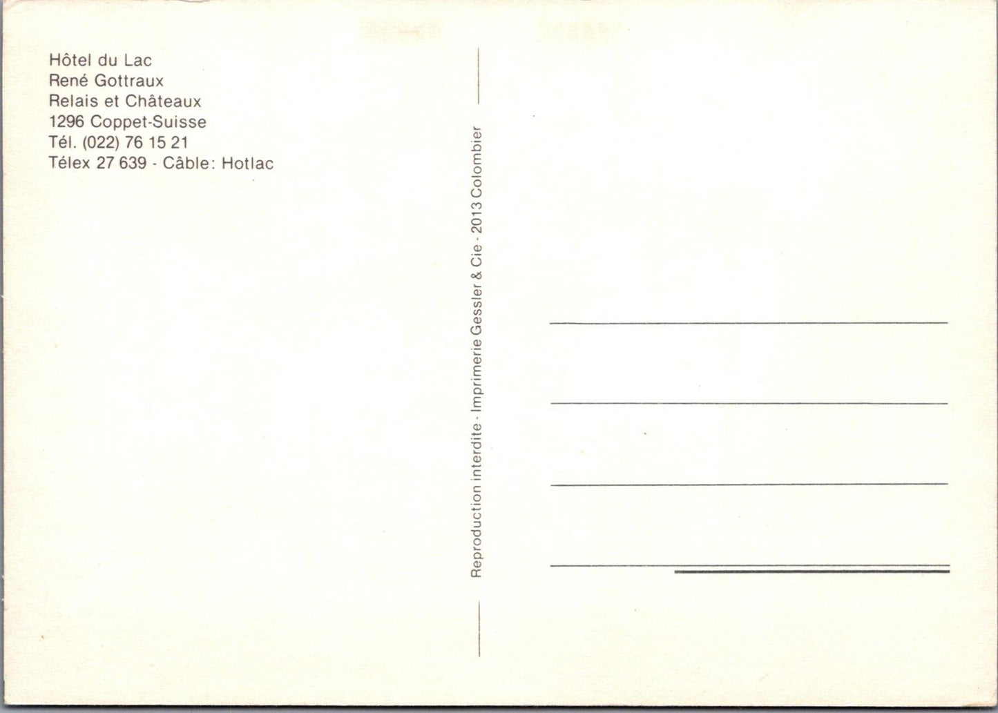 Switzerland Postcard - Hotel Du Lac, Rene Gottraux, 1296 Coppet  RR23404