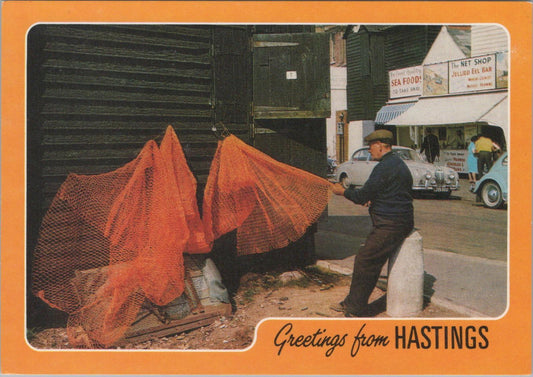 Sussex Postcard - Net Mending at Hastings  RR23420