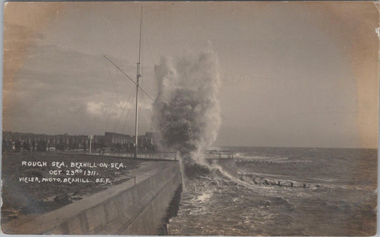 Sussex Postcard: Bexhill-on-Sea Rough Sea Wave Oct 23rd 1911 Vieler RPPC XT2493