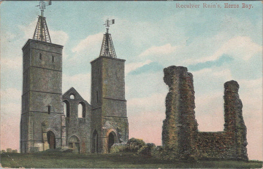 Kent Postcard: Reculver Towers Ruin, St Mary’s Church Herne Bay 1900s XT2497
