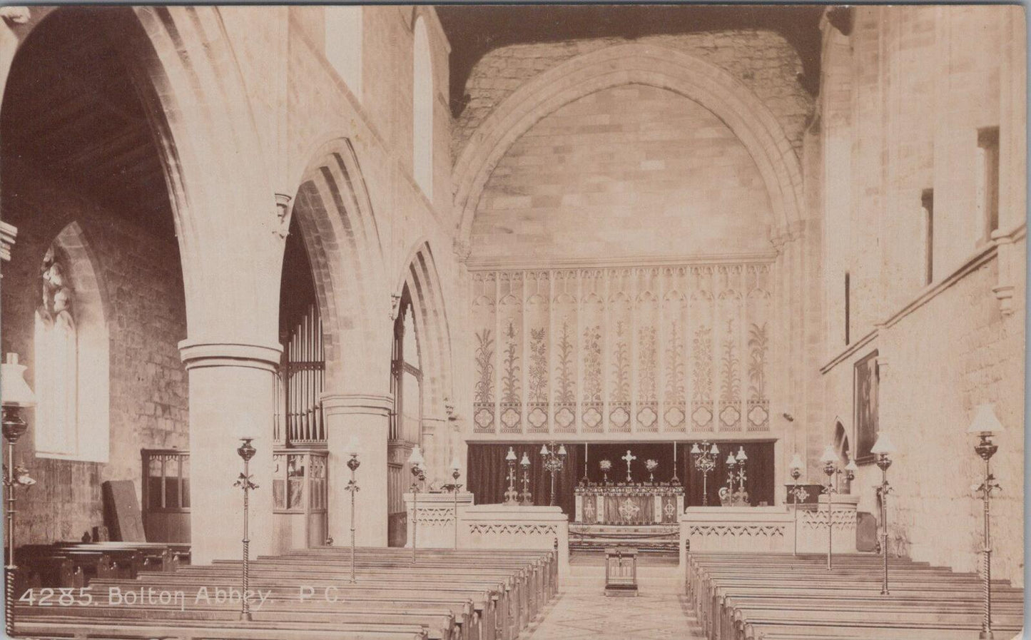 Yorkshire Postcard: Bolton Abbey Priory Church Interior Altar RPPC 1910s XT2516