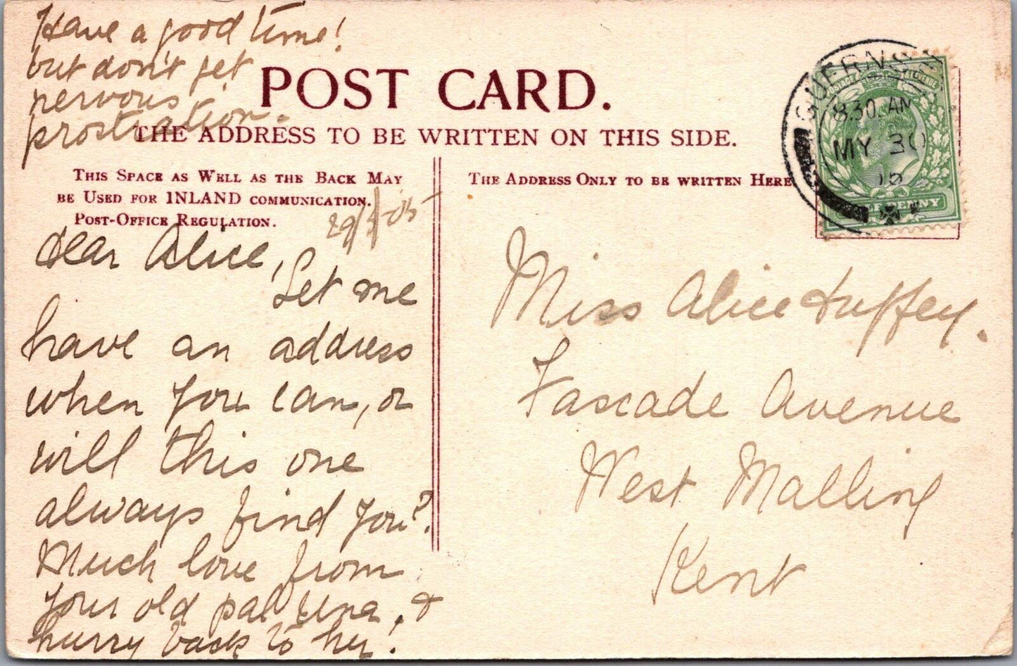 Guernsey Postcard: Petit Bot Valley High Cliff JWS 459 Posted 1905  XT2519
