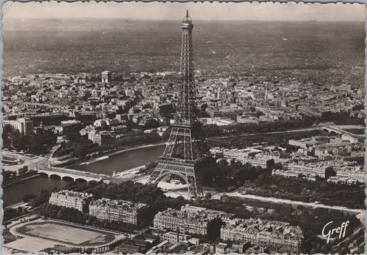 France Postcard: Paris Eiffel Tower Seine Arc De Triomphe Aerial View XT3216