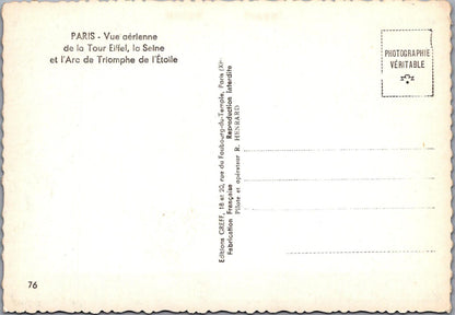 France Postcard: Paris Eiffel Tower Seine Arc De Triomphe Aerial View XT3216