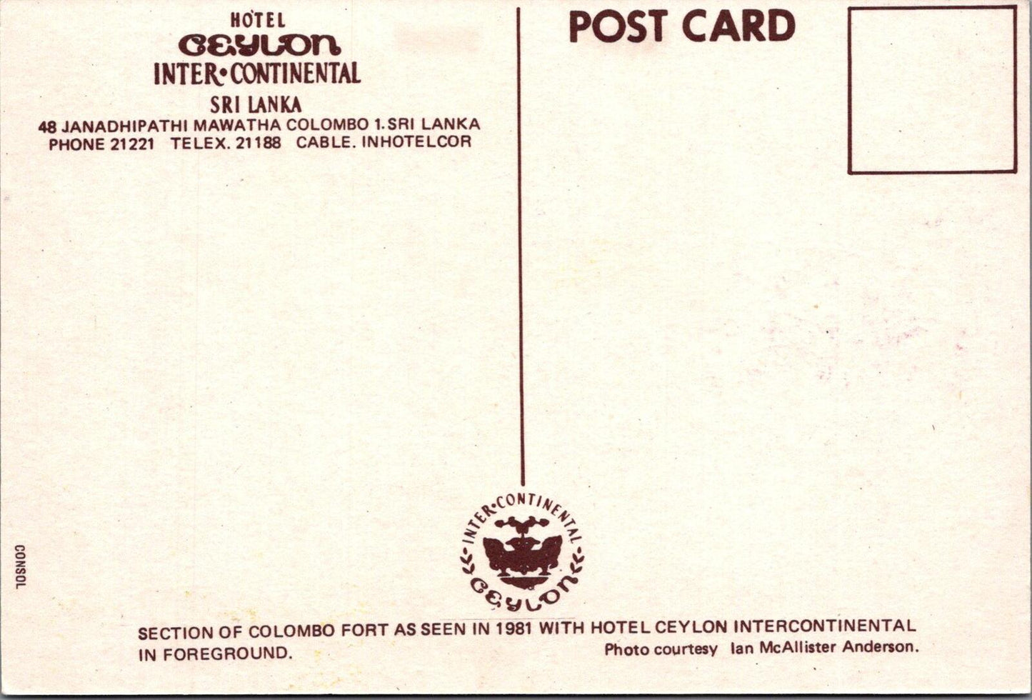 Sri Lanka Postcard:Colombo Fort Hotel Ceylon InterContinental 1981 Chrome XT3259