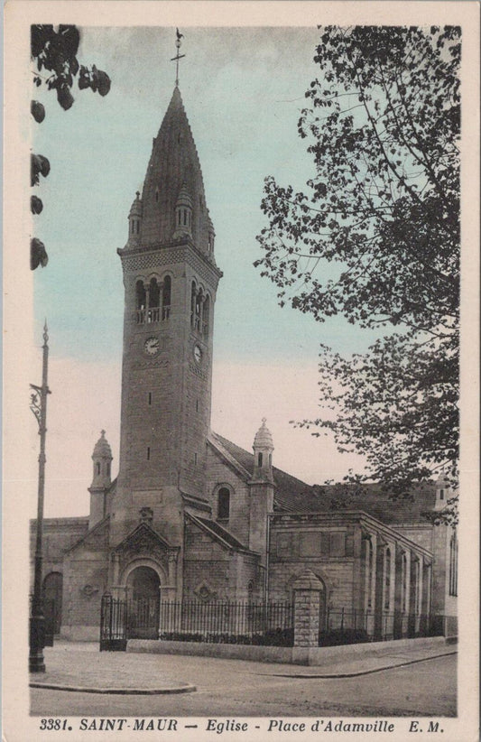 France Postcard: Saint Maur Eglise Place dAdamville Church 1930s XT3101