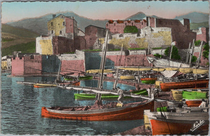 France Postcard: Collioure Port Citadelle Fishing Boats 1950s Chrome XT3107