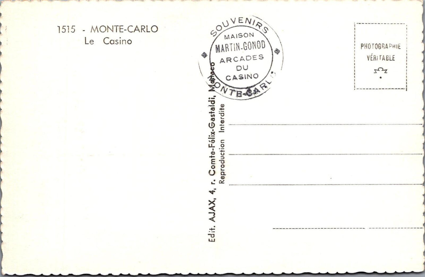 Monaco Postcard: Monte Carlo Casino Palace Architecture 1950s RPPC XT3110