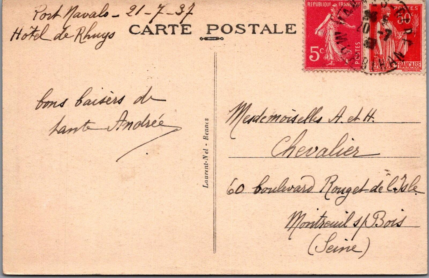 France Postcard: Port Navalo Plage de Port Blanc Beach Cabins 1937 XT3124