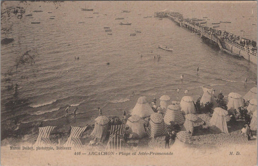 France Postcard: Arcachon Beach Promenade Jetty Pier Tents Sea Crowd XT3363