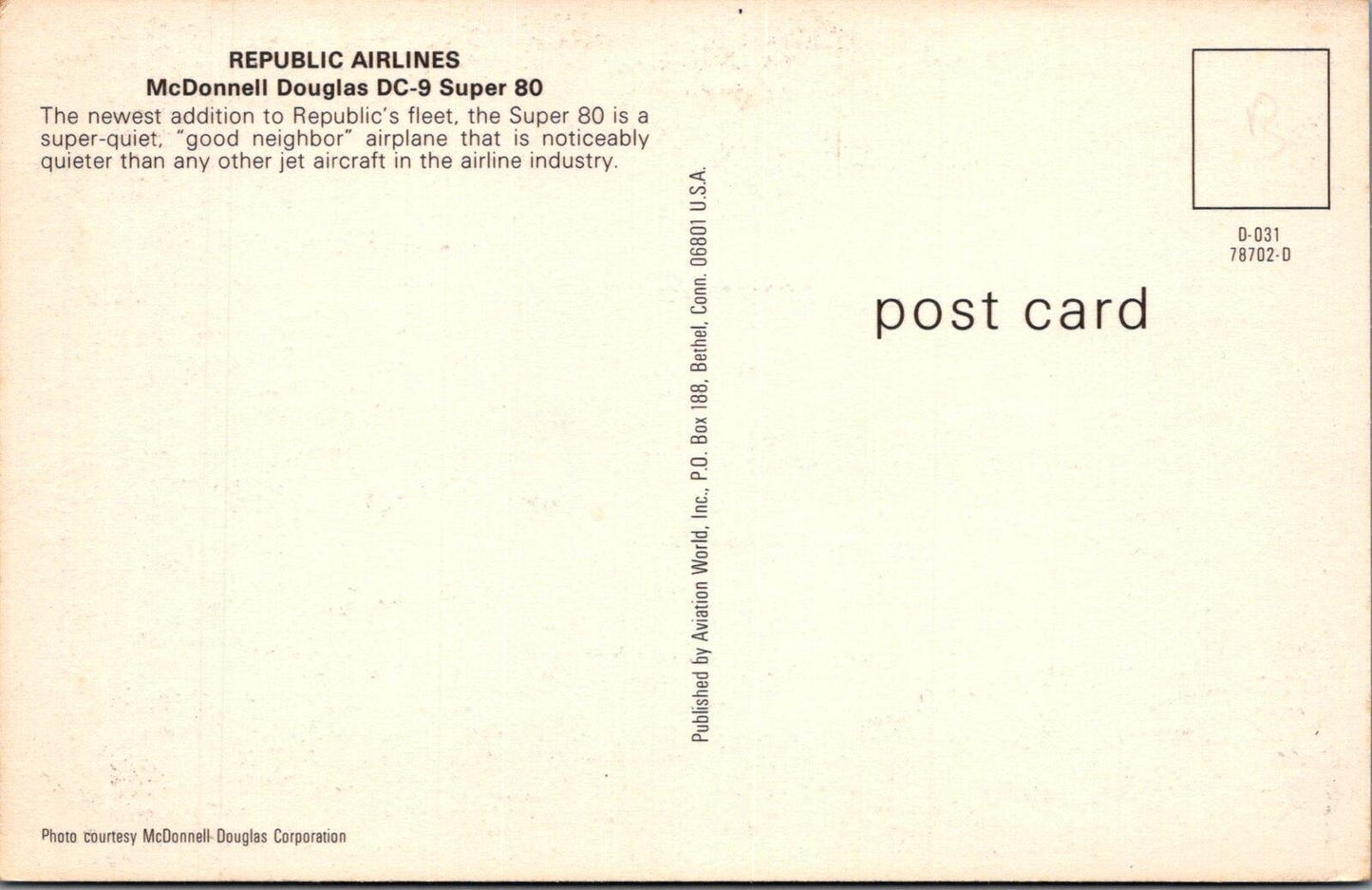 Aviation Postcard: Republic Airlines McDonnell Douglas DC-9 Super 80  XT3371