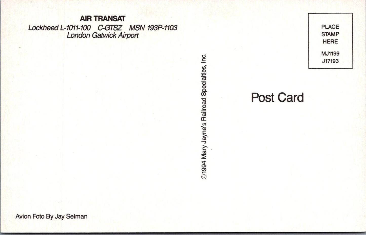 Aviation Postcard: Air Transat Lockheed L-1011 TriStar Jet Plane Gatwick XT3374