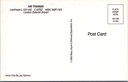Aviation Postcard: Air Transat Lockheed L-1011 TriStar Jet Plane Gatwick XT3374