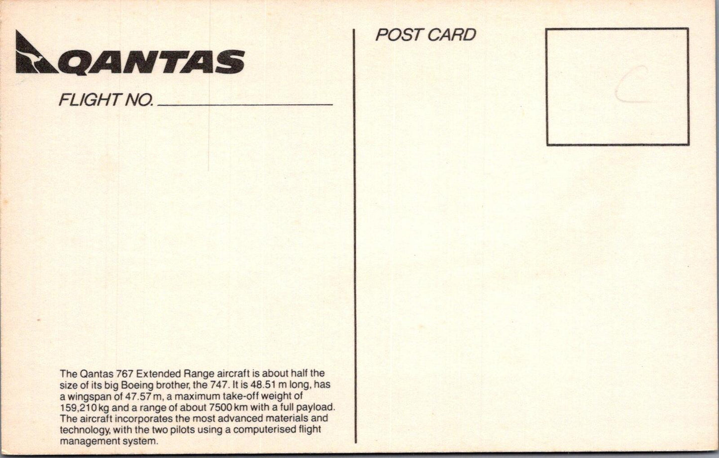 Aviation Postcard: Qantas Boeing 767 Extended Range Jet Plane In-Flight XT3375