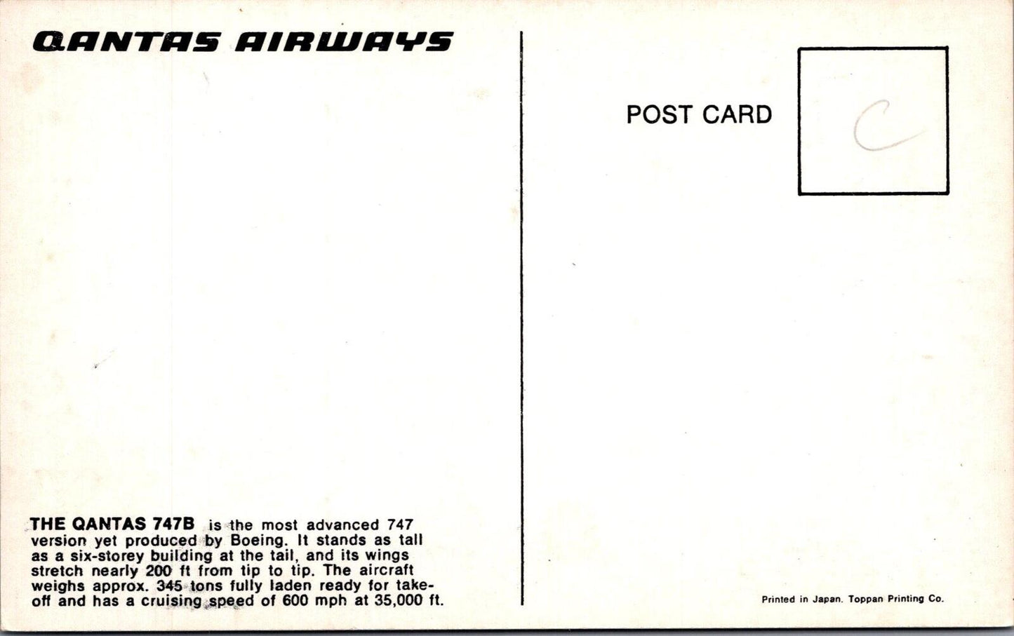 Australia Postcard: Qantas Boeing 747B Jumbo Jet Plane In-Flight  XT3377
