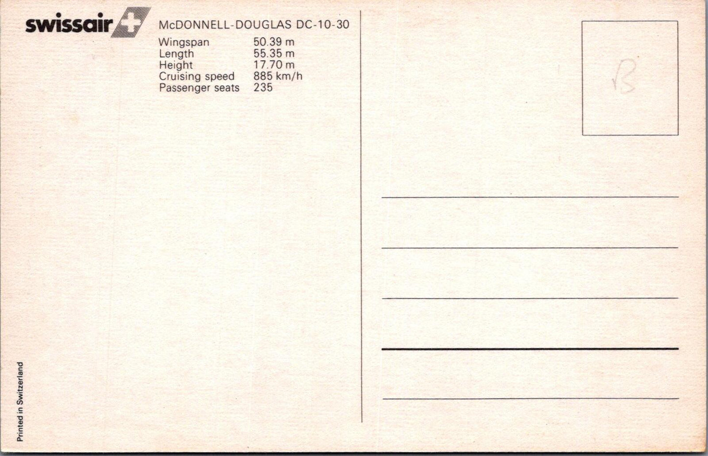 Switzerland Postcard: Swissair McDonnell Douglas DC-10-30 Jet Plane  XT3385
