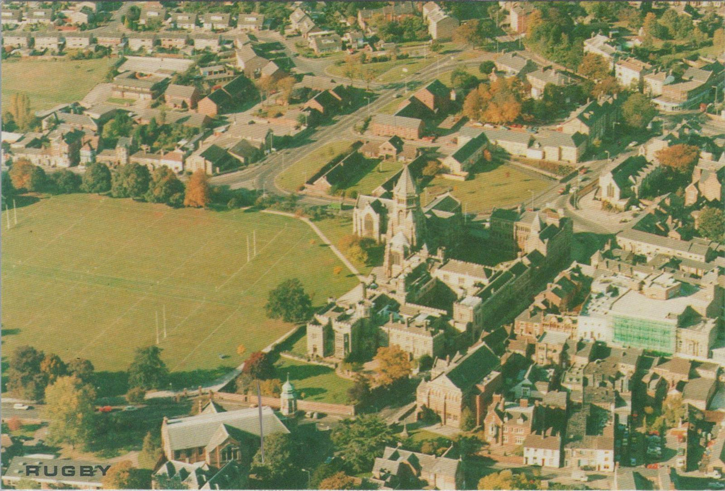 Warwickshire Postcard - Aerial View of Rugby School   RR23309