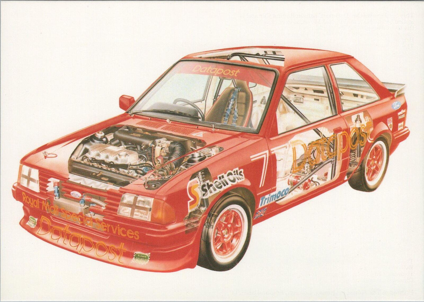 Motoring Postcard:Datapost Ford Escort RS1600i Saloon Racing Car Cut-away XT2209
