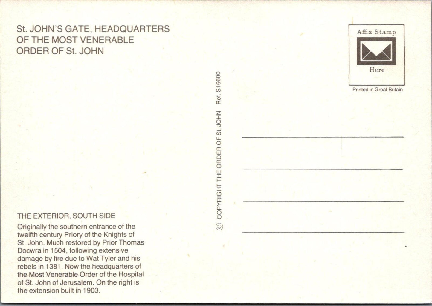 London Postcard:St John’s Gate Clerkenwell Headquarters Order of St. John XT2215