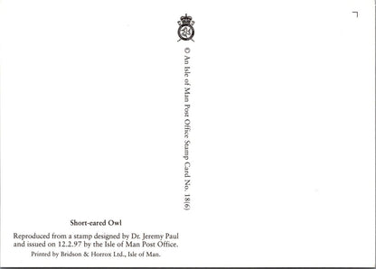 Isle of Man Postcard: Short-eared Owl Stamp Design by Dr. Jeremy Paul XT2220