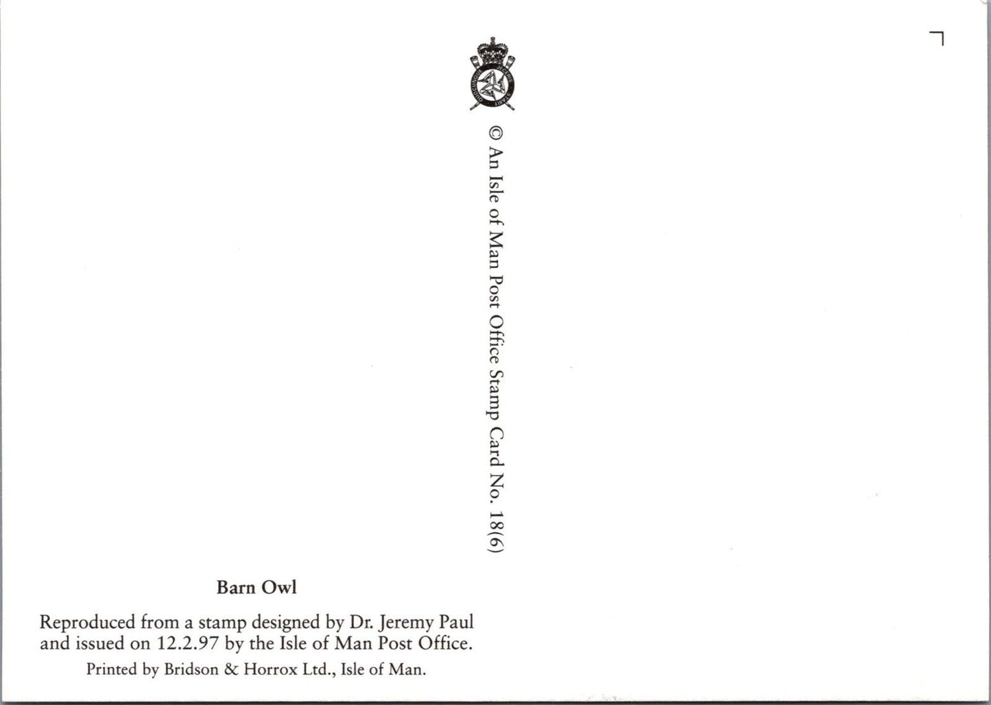 Isle of Man Postcard: Barn Owl Stamp Design by Dr. Jeremy Paul XT2221