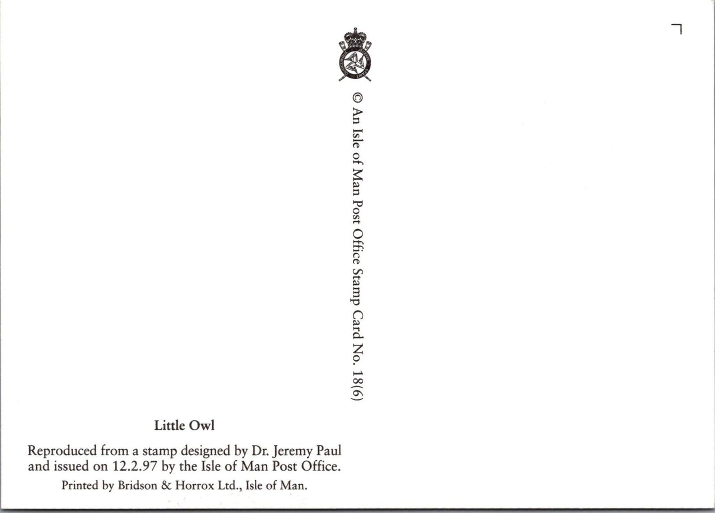 Isle of Man Postcard: Little Owl Stamp Design by Dr. Jeremy Paul XT2222