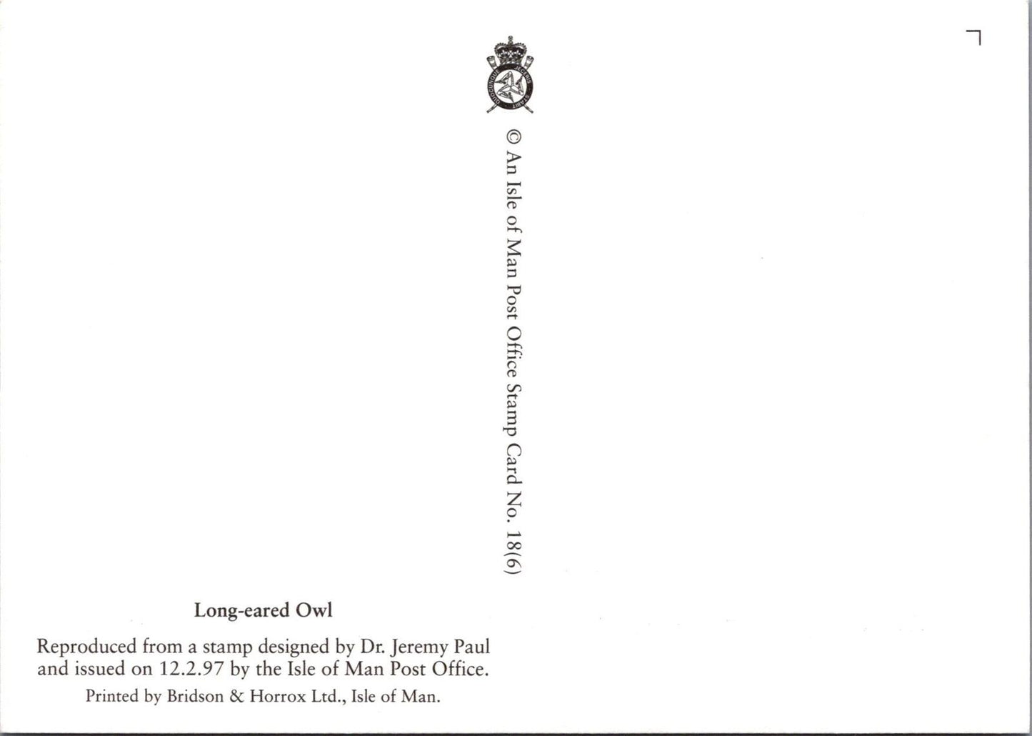 Isle of Man Postcard: Long-eared Owl Stamp Design by Dr. Jeremy Paul XT2223