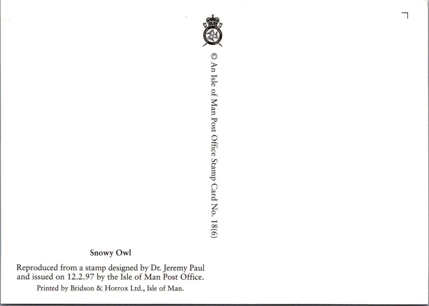 Isle of Man Postcard: Snowy Owl Stamp Design by Dr. Jeremy Paul XT2225