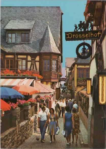 Germany Postcard: Rüdesheim am Rhein Drosselgasse Lane Drosselhof Sign XT2240