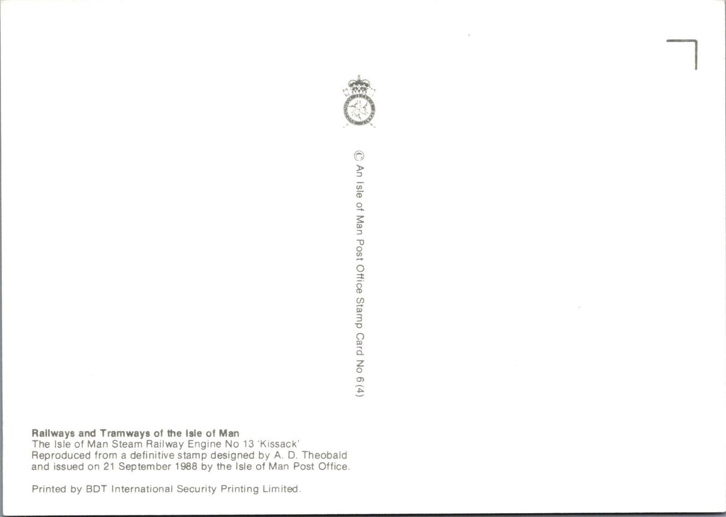 Isle of Man Postcard: Steam Railway Engine No. 13 'Kissack' Stamp Card   XT2281