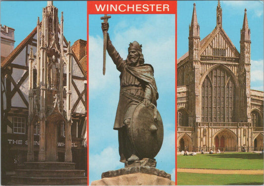 Hampshire Postcard: Winchester Multi-View King Alfred Statue Cathedral XT2291