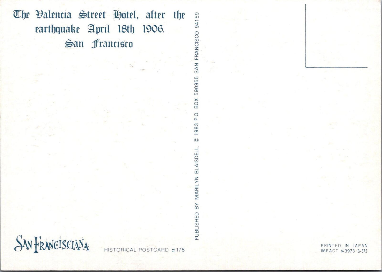Valencia St Hotel San Francisco Earthquake 1906 Historical Postcard (Repro) XT2319
