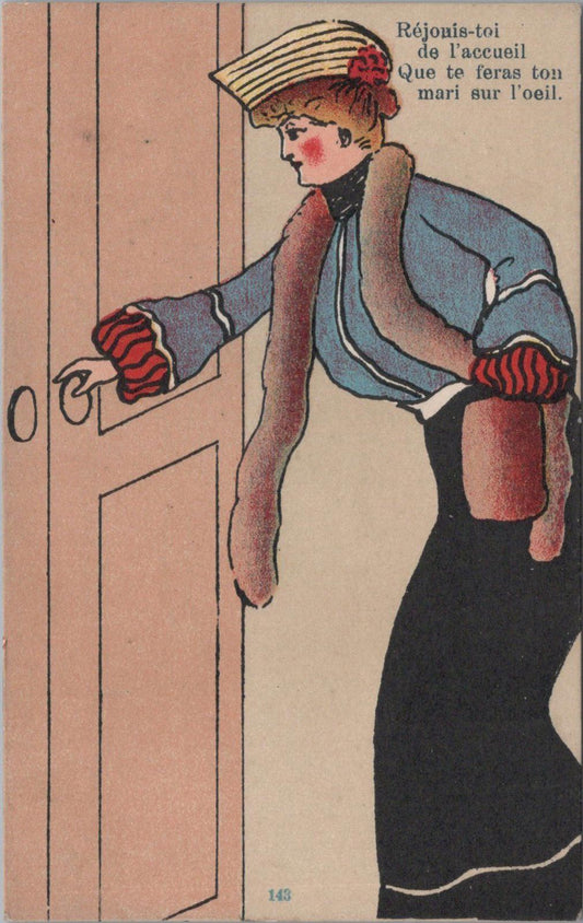 French Comic Postcard - A Belle Époque Lady in a Fur Stole Returning Home  XT465