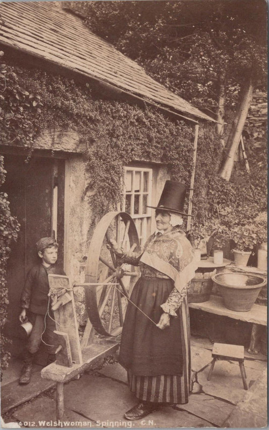 Wales Postcard - Welsh Woman in Traditional Dress, Spinning Wheel XT481