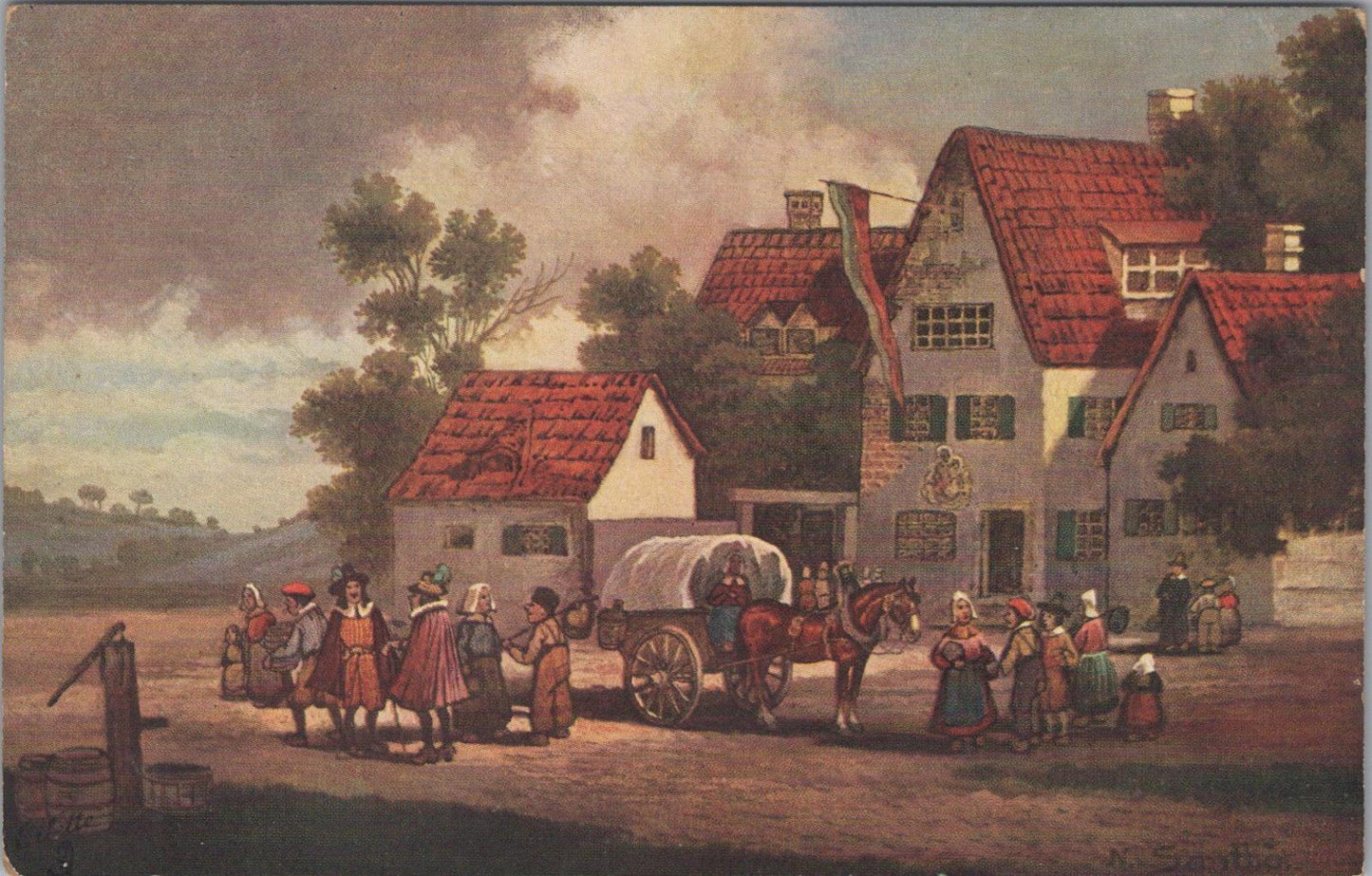 Art Postcard - Ye Days of Olde, Oil Painting Depicting a Roadside Inn XT484
